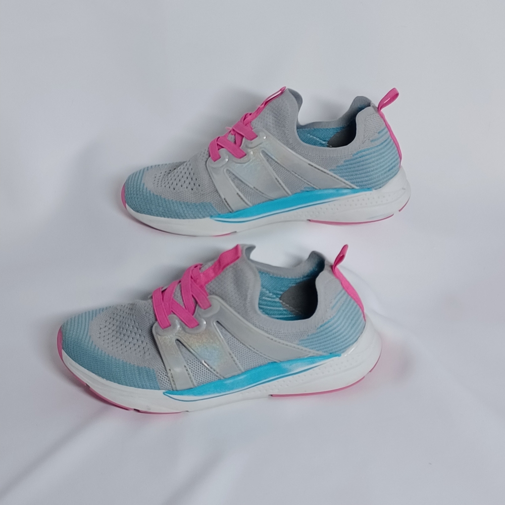 Girls Gray Teal Pink Round Toe Memory Foam Slip On Lace Up Athletic Sneaker Sz 3